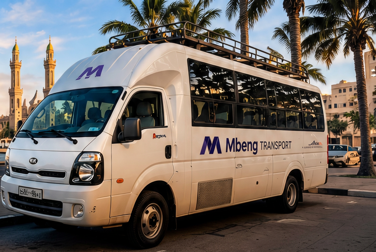 Bus blanc Mbeng Transport dans une rue bordée de palmiers